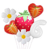 A set of six foil balloons shaped like a heart, strawberry, and flower in red, orange, and white.