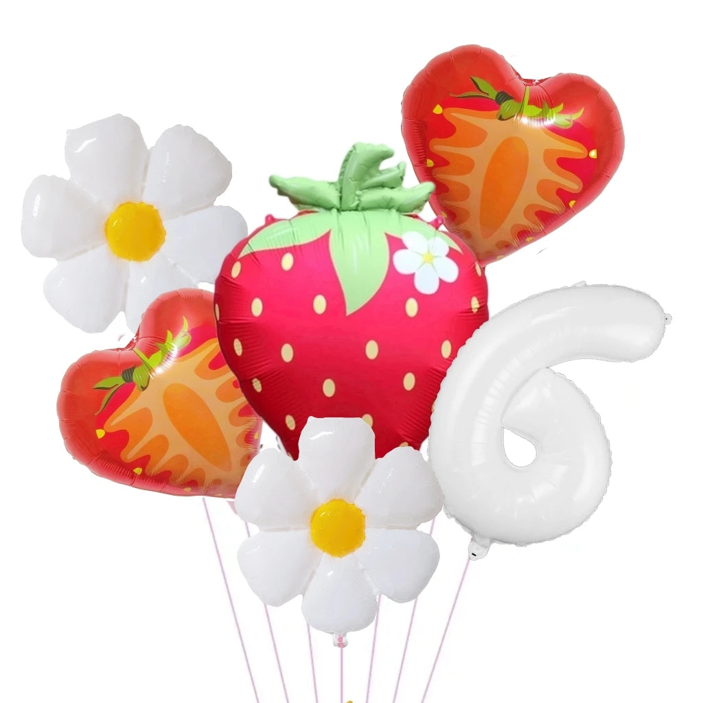 A set of six foil balloons shaped like a heart, strawberry, and flower in red, orange, and white.