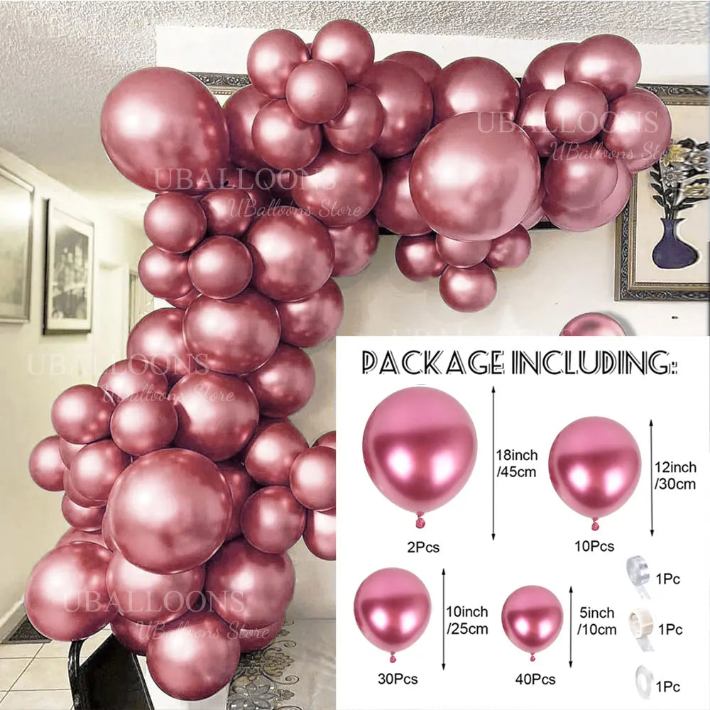 A package of metallic rose gold balloons for a balloon garland kit, showing various sizes and quantities.