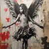 A black and white painting of a girl with large feathered wings, dripping paint, on a textured wall.