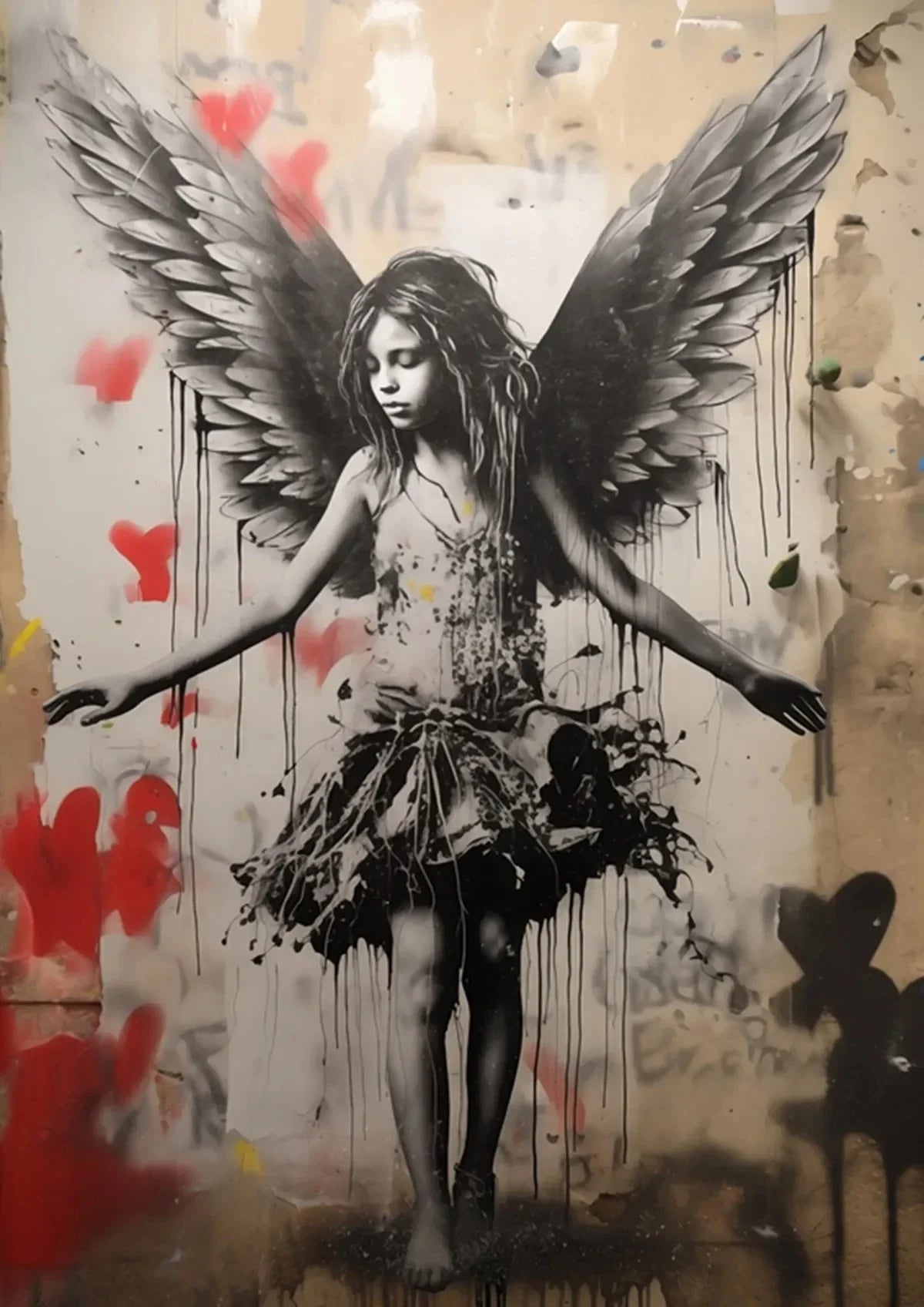 A black and white painting of a girl with large feathered wings, dripping paint, on a textured wall.