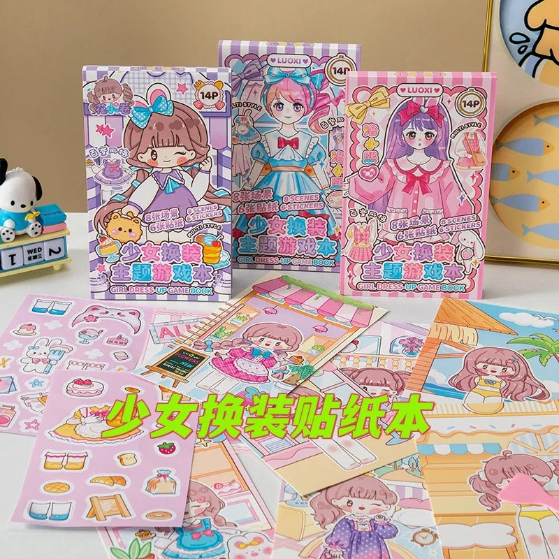 A collection of pink and purple princess dress-up stickers and cards for children.