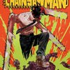 A poster featuring Chainsaw Man in an aggressive pose against a vibrant orange and yellow background.