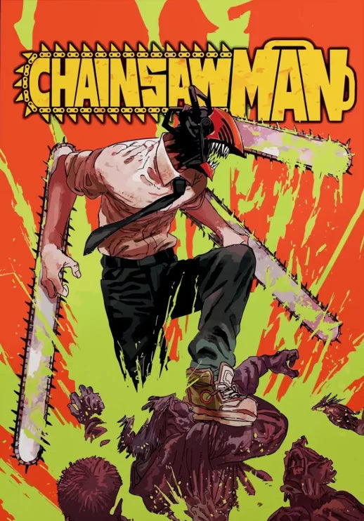 A poster featuring Chainsaw Man in an aggressive pose against a vibrant orange and yellow background.