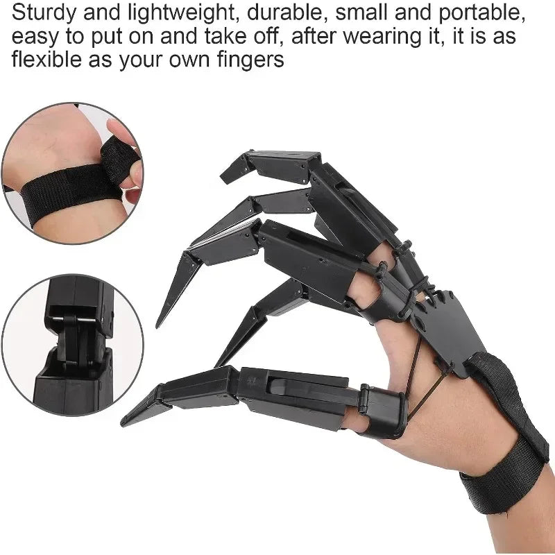 Black articulated skeleton hand gloves worn on a wrist.