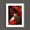 A portrait of a woman wearing a large red hat and draped fabric, painted in a classical style.