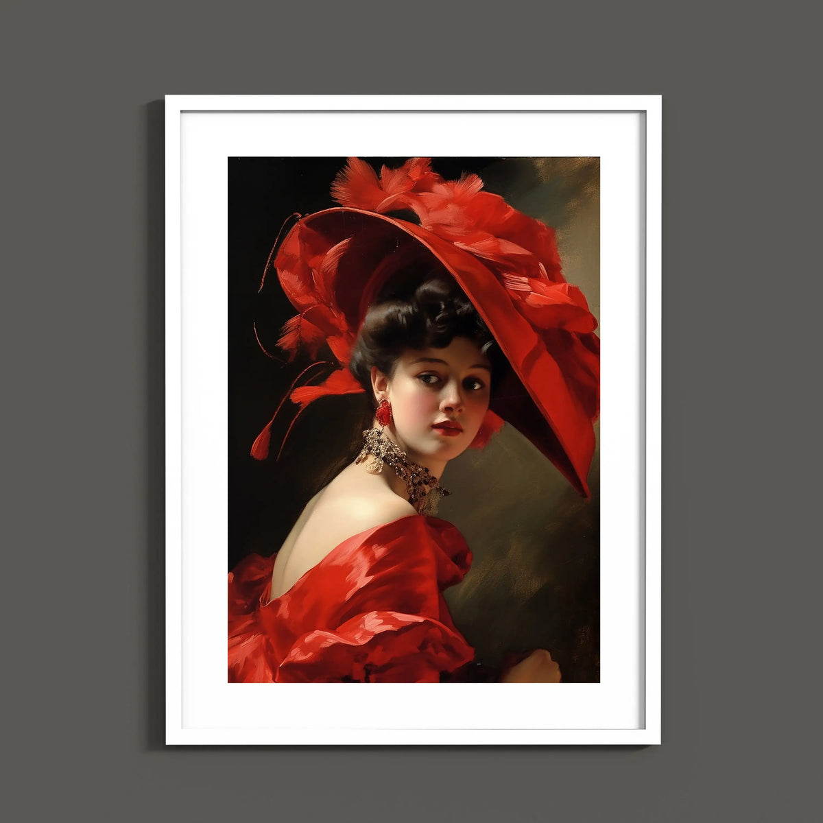 A portrait of a woman wearing a large red hat and draped fabric, painted in a classical style.