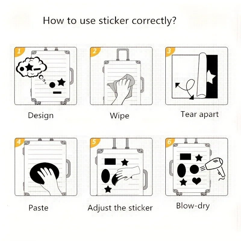 Seis pasos para usar calcomanías autoadhesivas: Diseñar, Limpiar, Rasgar, Pegar, Ajustar la pegatina y Secar al aire.