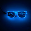 Pair of light up EL wire party glasses glowing bright blue against a dark background