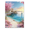 A vibrant painting featuring a pink cherry blossom tree, a stone bridge over blue water, and a sailboat under a colorful suns