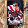 A vintage photograph of a boxing champion celebrating with a striped shirt and gloves, mounted on a metal wall sign.
