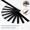 Black folding hand fan showing open and closed positions for one-handed use