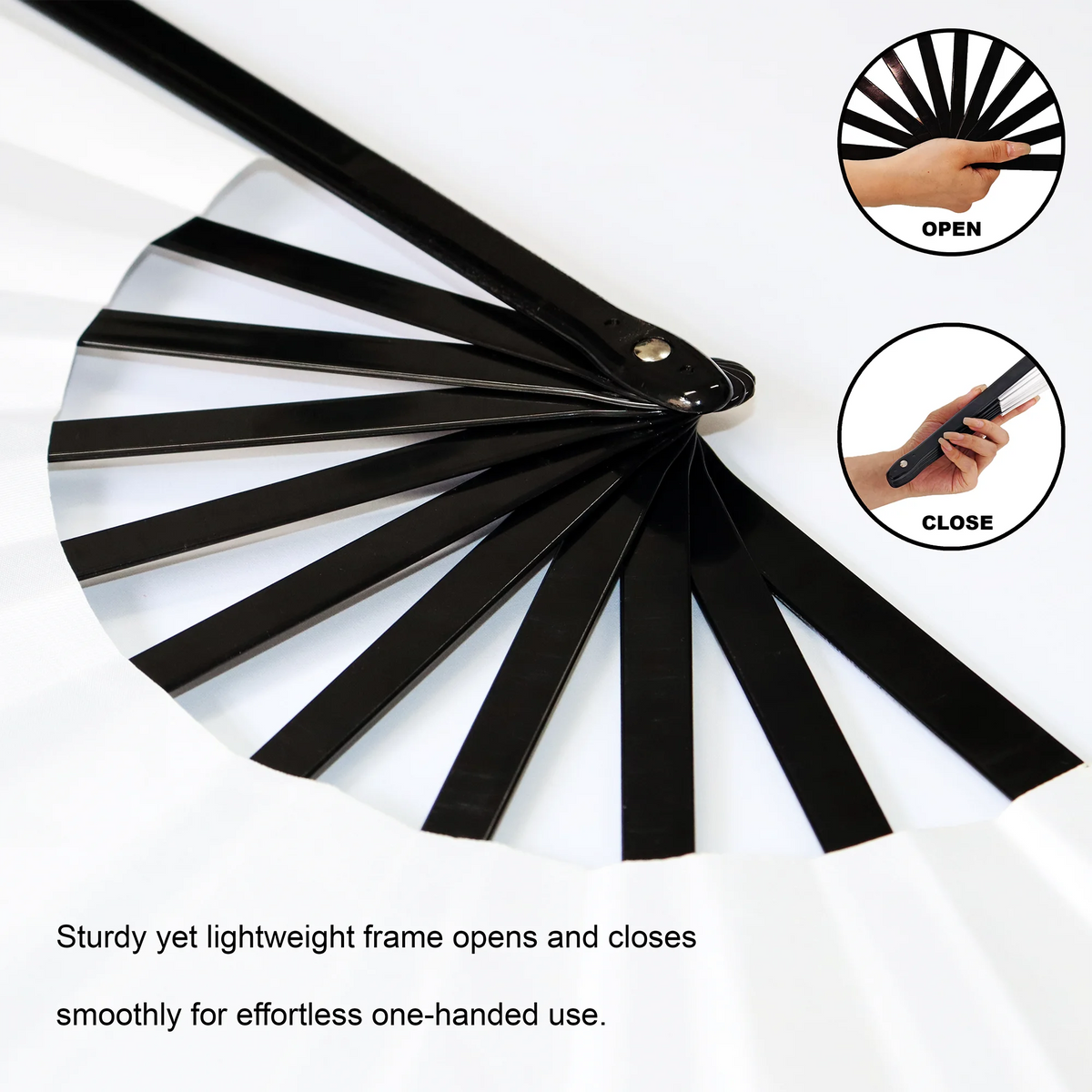 Black folding hand fan showing open and closed positions for one-handed use