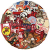 A circular collage of vintage cowboy and rodeo themed stickers featuring various animals, figures, and text.