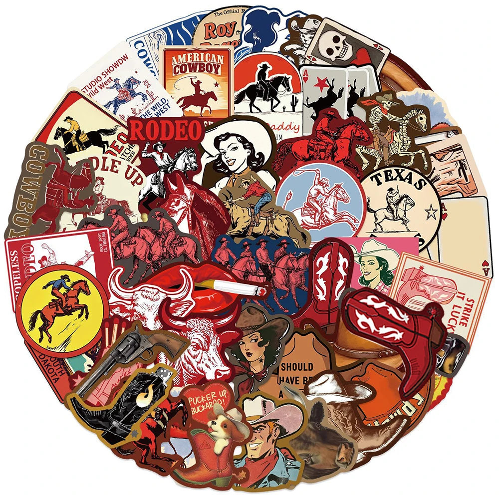 A circular collage of vintage cowboy and rodeo themed stickers featuring various animals, figures, and text.