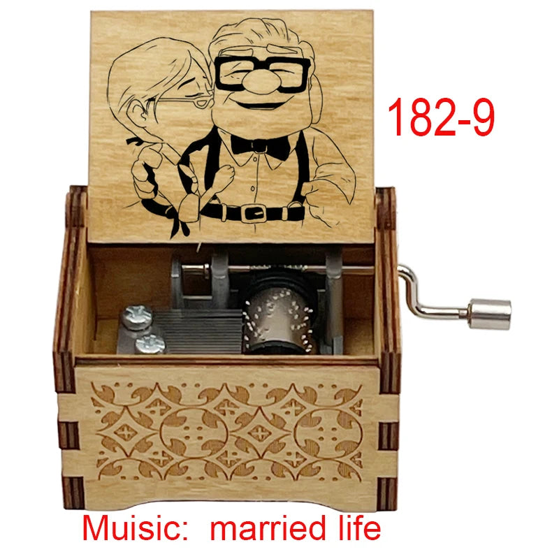 A wooden music box featuring a drawing of a couple and decorative carvings, labeled 182-9.