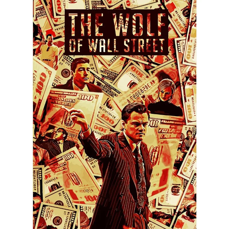 A canvas print featuring a collage of images and money, with the title THE WOLF OF WALL STREET prominently displayed.