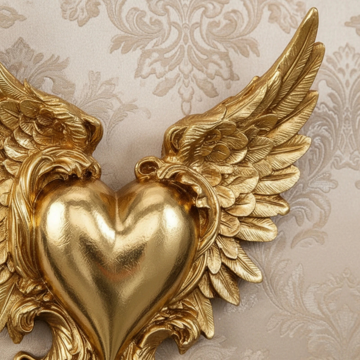 Ornate gold winged heart wall decor featuring detailed leaves and feathers.