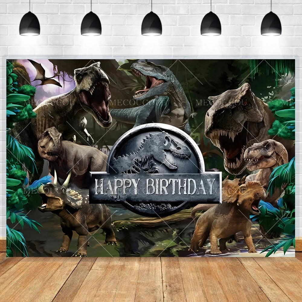 A dramatic backdrop featuring various dinosaurs and a birthday banner for kids.
