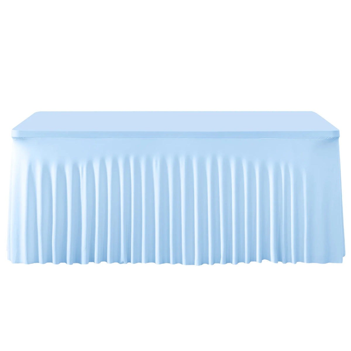 Light blue elastic fitted spandex tablecloth draped over a rectangular table.