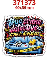 A die-cut sticker featuring the text True Crime Detective Couch Division on a blue background with red accents.