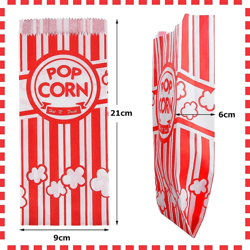 Red and white striped disposable paper popcorn bags with a circular POP CORN logo