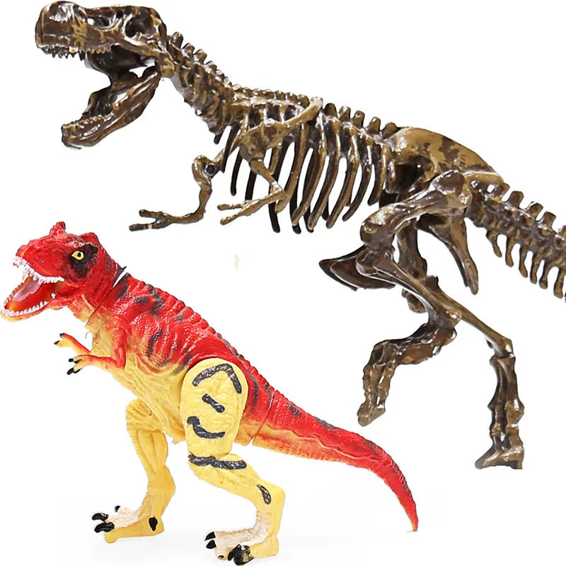 A dinosaur fossil excavation kit showing a skeletal dinosaur and a red dinosaur model.