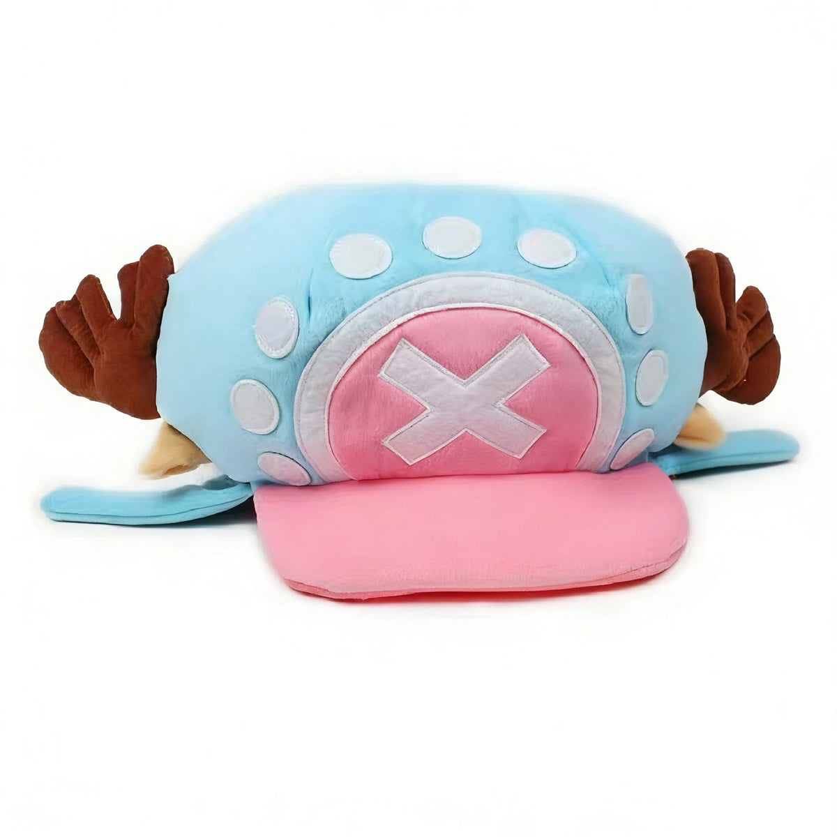 A light blue plush knit cap featuring a face design with white pom-pom accents and a pink cross detail.