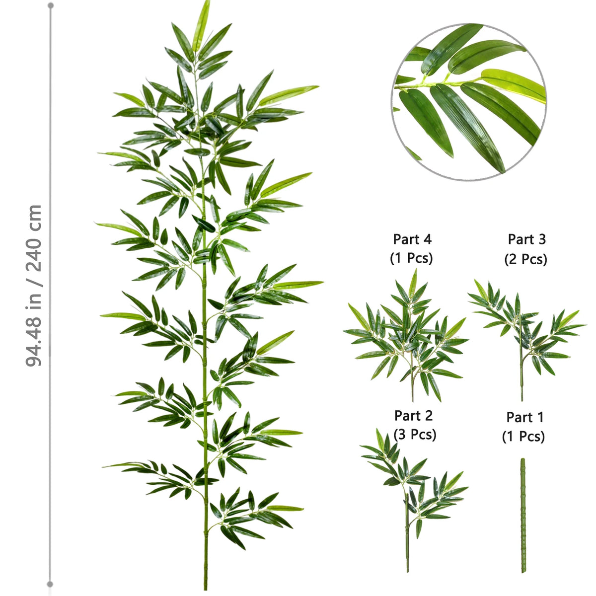 Artificial bamboo branch with green leaves shown in various parts and a close-up view.