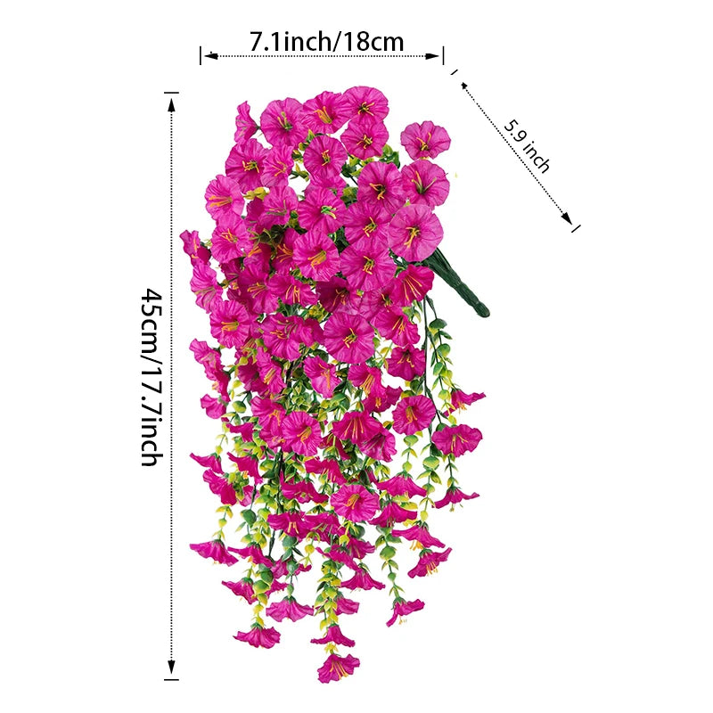 A vertical display of artificial hanging silk morning glory flowers in vibrant pink and green.