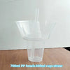 A clear plastic bowl with a cup and straw inside, used for serving drinks or snacks.