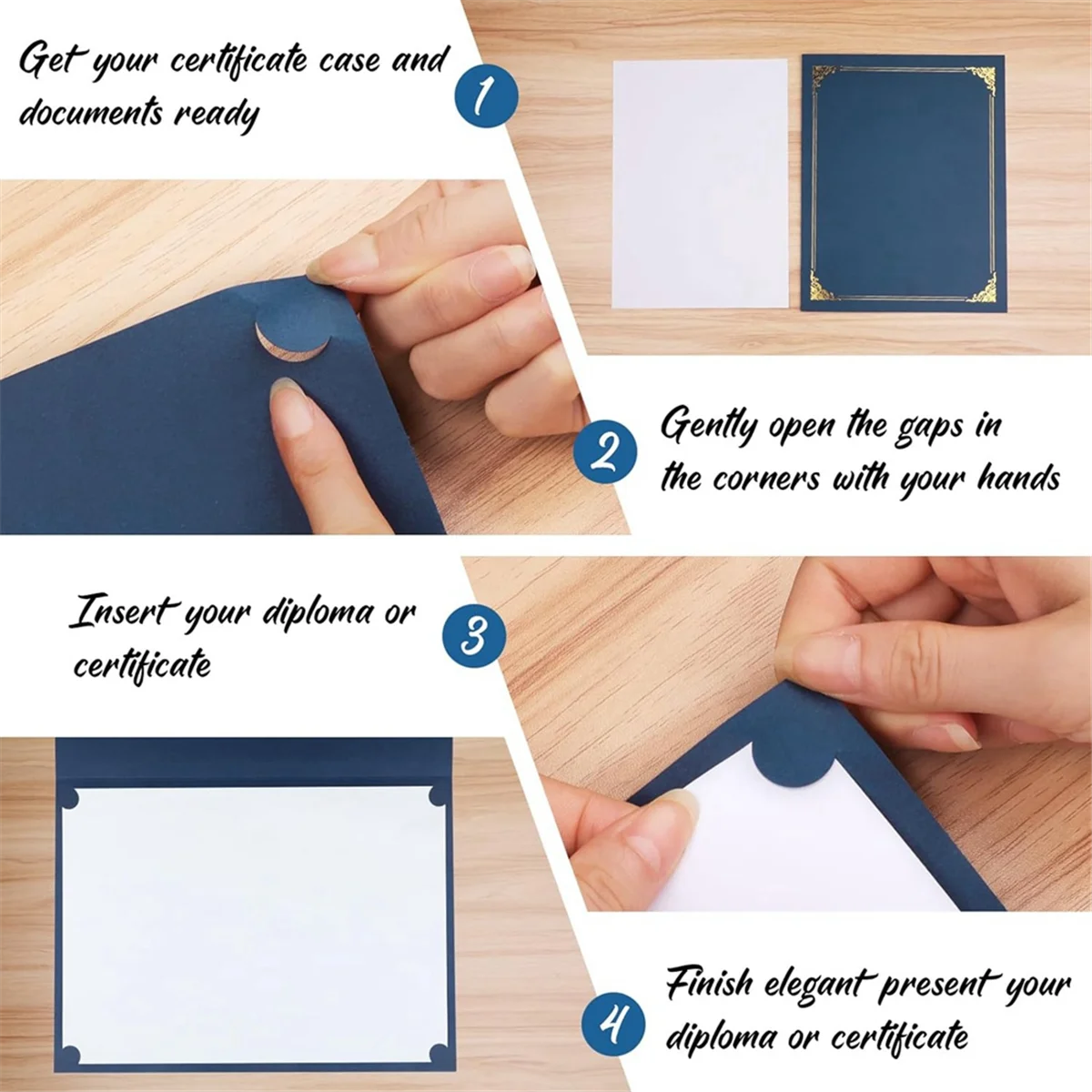 Step-by-step guide showing how to insert a diploma or certificate into a blue holder with a gold frame.