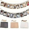 A string of vintage kraft paper photo frames hangs against a light background.