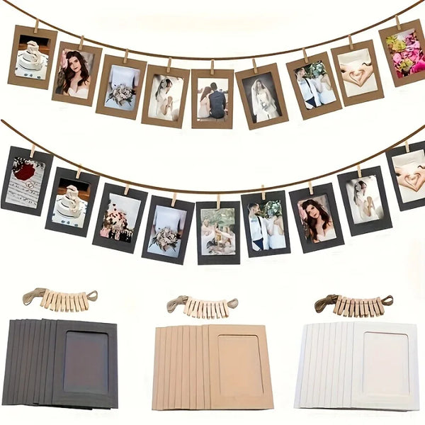 A string of vintage kraft paper photo frames hangs against a light background.