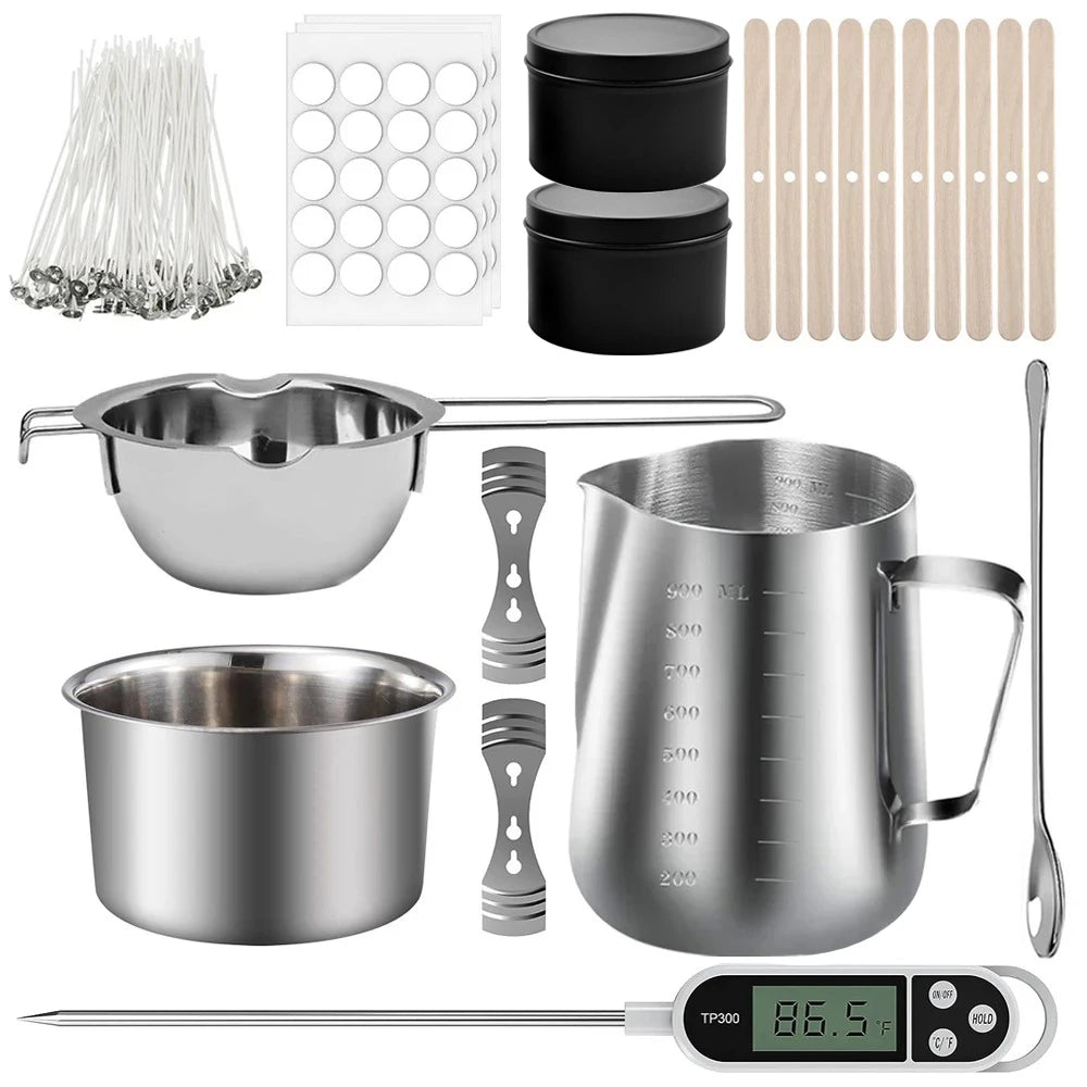 A complete candle making kit featuring a stainless steel melting pot, pouring pitcher, and digital scale.