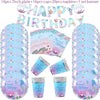 A set of mermaid birthday tableware including plates, cups, and napkins in purple and blue colors.