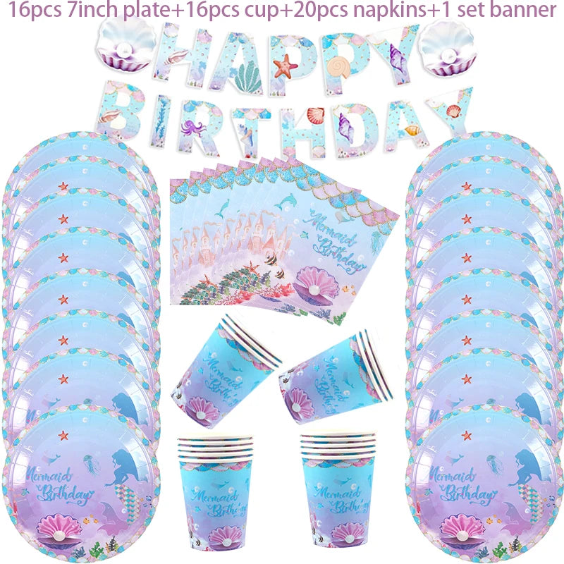 A set of mermaid birthday tableware including plates, cups, and napkins in purple and blue colors.