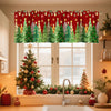Festive Christmas curtain valance featuring a red background with green pine trees and gold stars