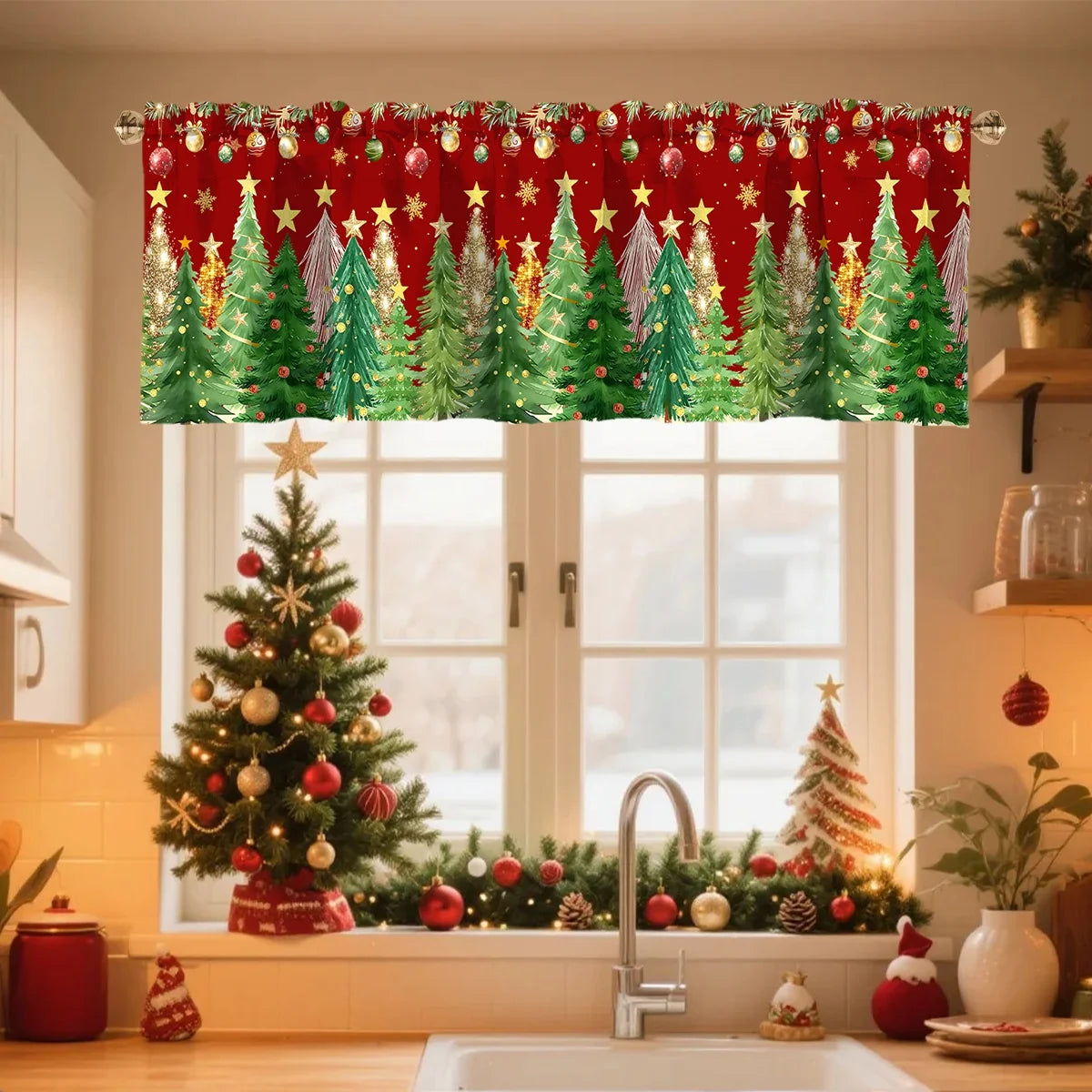 Festive Christmas curtain valance featuring a red background with green pine trees and gold stars