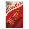 Vintage rusty cola metal wall sign featuring a red and white design with a bottle of Nuka-Cola.