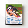A black and white graphic art poster featuring the silhouette of MF DOOM with stylized text.