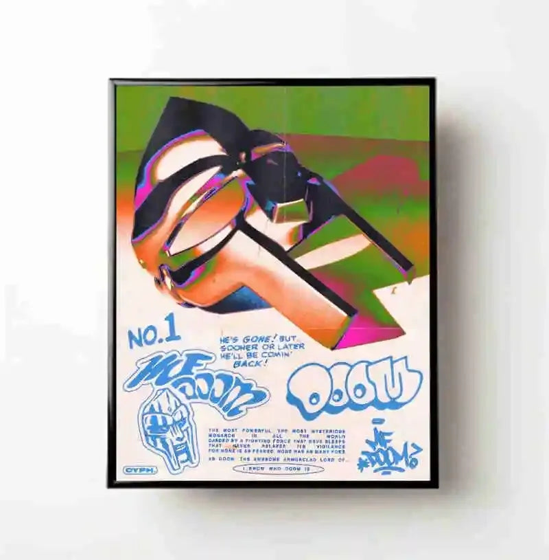 A black and white graphic art poster featuring the silhouette of MF DOOM with stylized text.