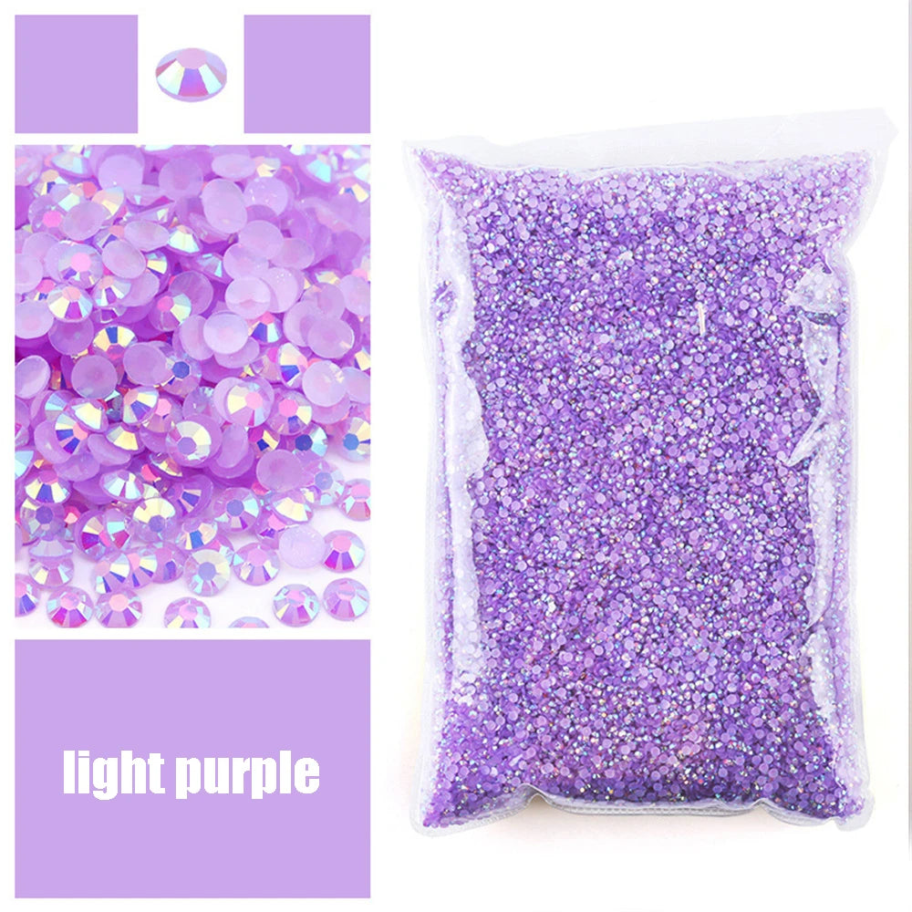 Purple resin rhinestones in a clear bag for crafting projects