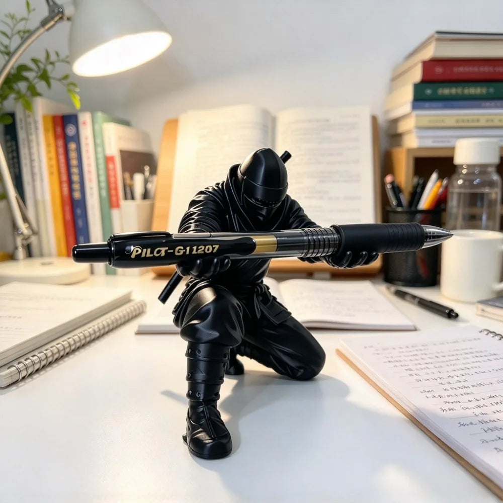 A black ninja figure holding a black pen, positioned on a white desk with books and stationery.