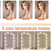 A set of five vanity mirror light strips demonstrating different color temperature modes for lighting.