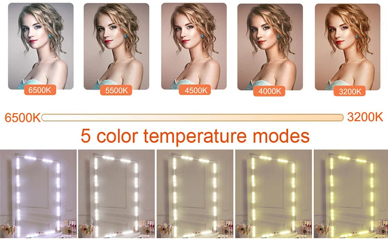 A set of five vanity mirror light strips demonstrating different color temperature modes for lighting.