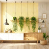 A display featuring four artificial eucalyptus hanging vines suspended from a wooden shelf against a yellow wall.