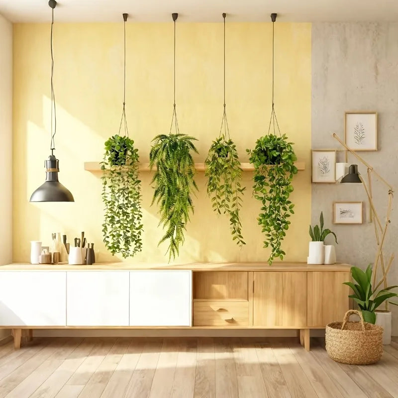 A display featuring four artificial eucalyptus hanging vines suspended from a wooden shelf against a yellow wall.