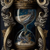 Antikes Messing-Sanduhr mit verzierten Goldranken und blauem Hintergrund.