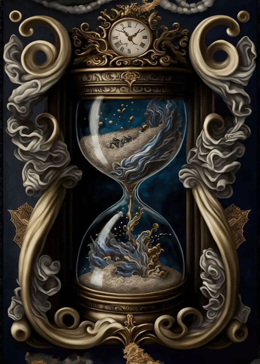 Antikes Messing-Sanduhr mit verzierten Goldranken und blauem Hintergrund.